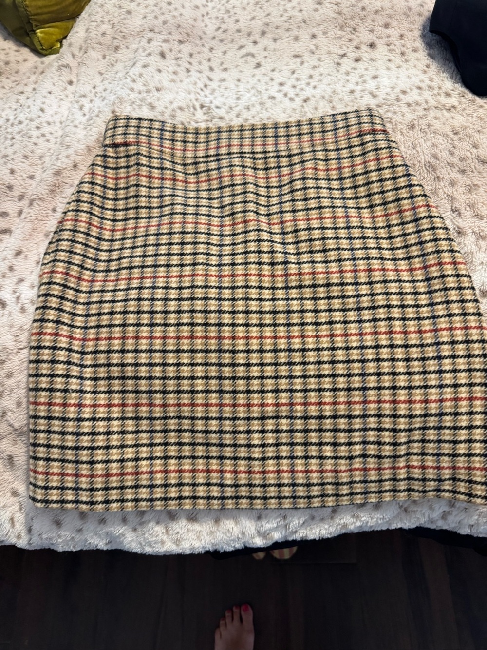 J. Crew Beige Plaid Pencil Skirt with Black and Red Accents